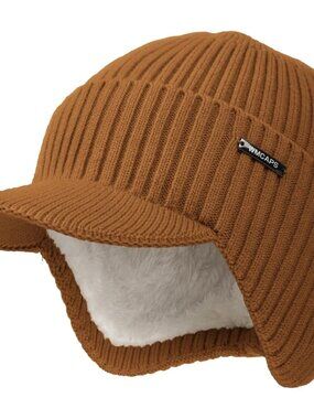 Unisex Orange Lined Knit Beanie With Brim Ear Flaps Winter Classic Stocking Cap